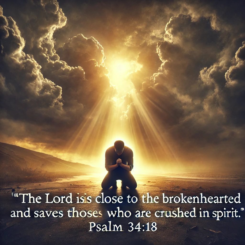 A realistic image of a person kneeling in prayer with light breaking through a dark stormy sky. The warm golden light represents God's presence comfort