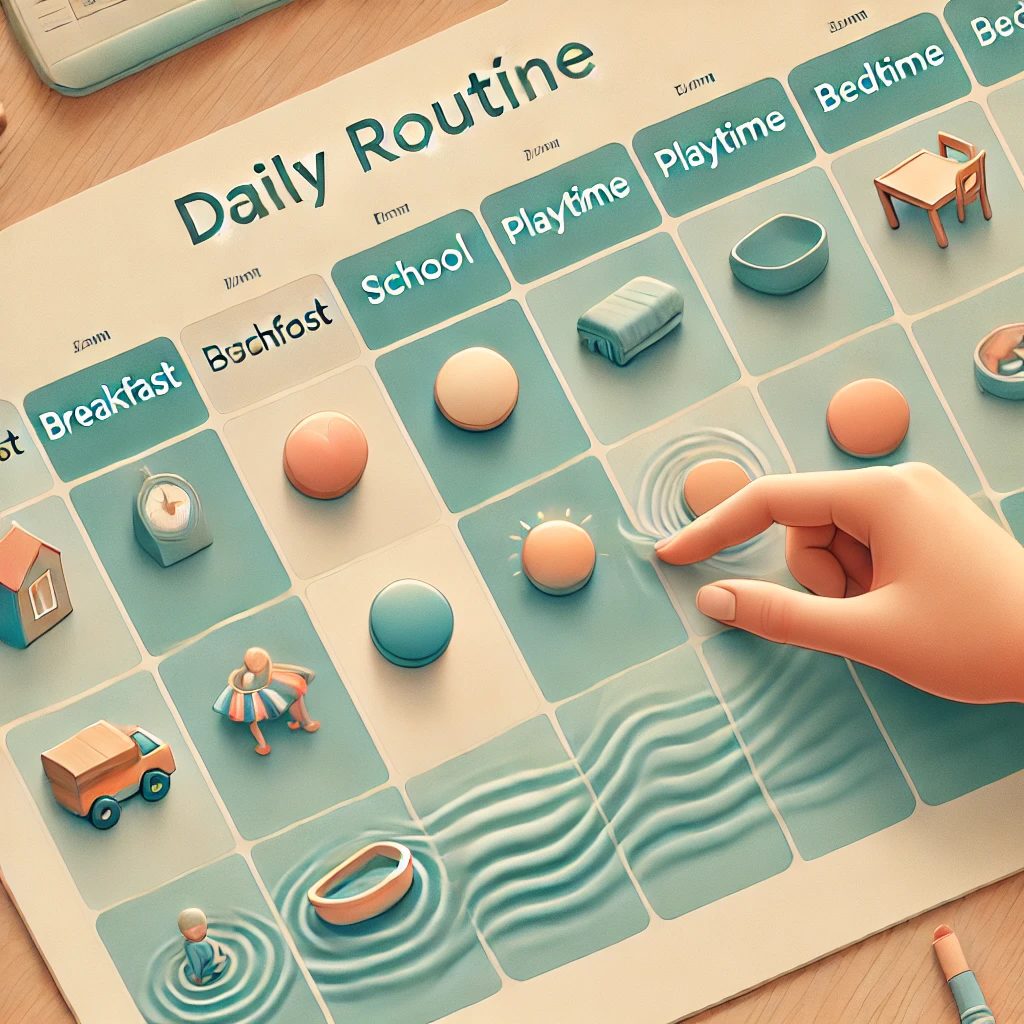 A calendar or daily routine board with icons (breakfast, school, playtime, bedtime) laid out neatly. A hand gently moves one icon, while ripples spread out across the rest of the schedule to show how even a small change can feel overwhelming. Use calm, warm colors like teal and light orange to show empathy, not chaos.