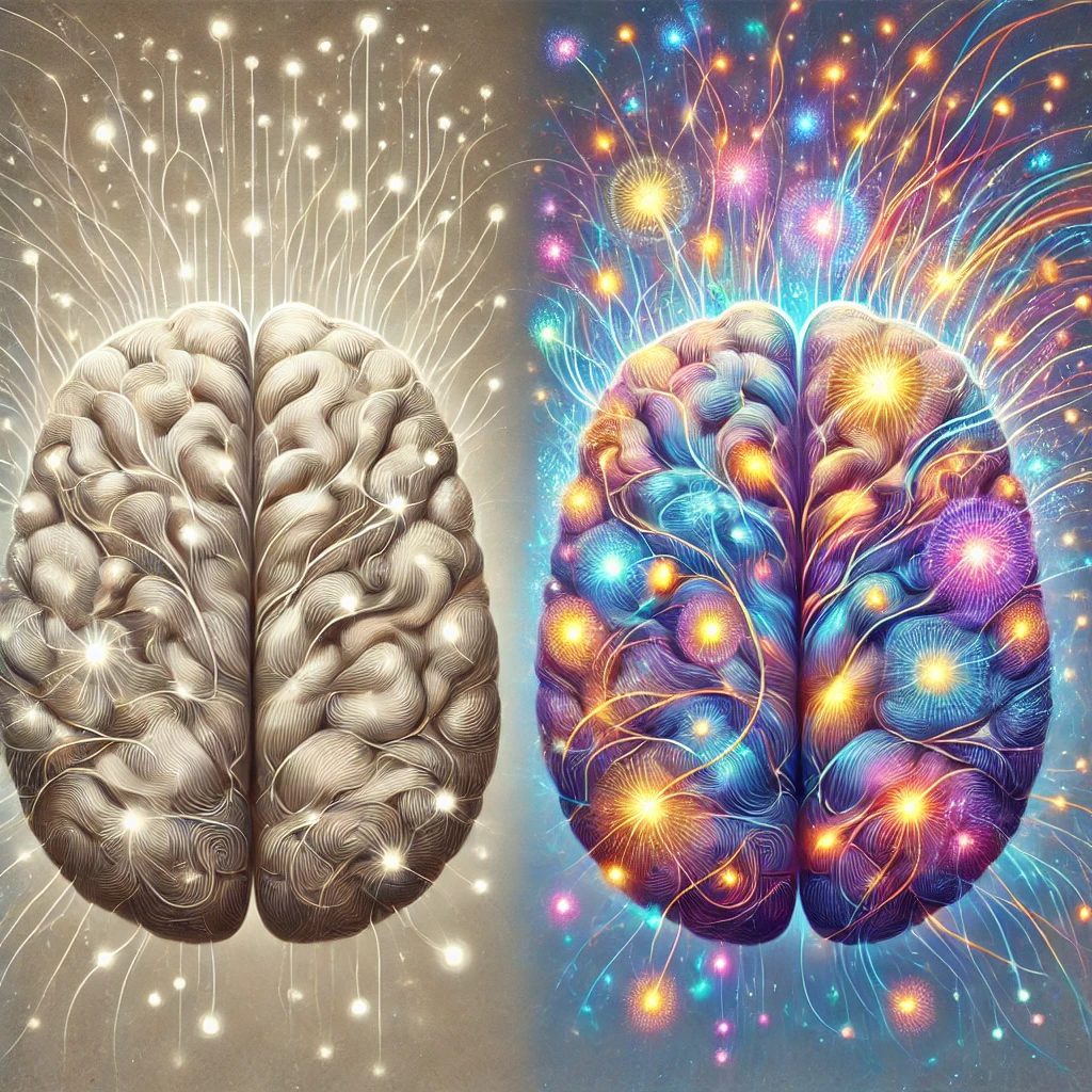 A side-by-side illustration of two brains: one labeled Neurotypical showing clean, organized pathways with a few highlighted signals, and one labeled Autistic glowing with many simultaneous signals, colorful lights, and overlapping lines to represent “taking in everything at once.” Soft blues, purples, and golds to reflect complexity and beauty, not disorder.