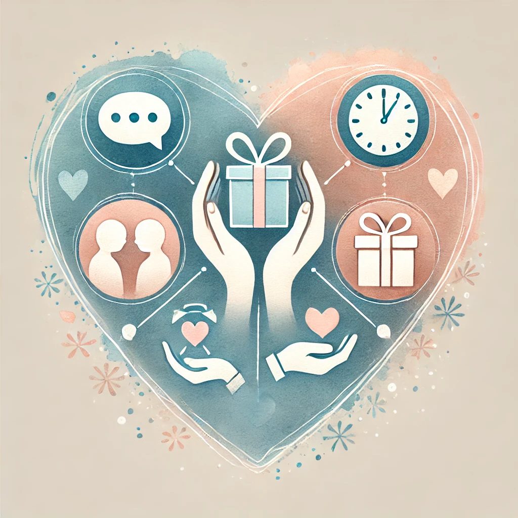 A soft, watercolor-style illustration of five interconnected icons inside a heart outline: a speech bubble (words of affirmation), a pair of hands helping (acts of service), a clock (quality time), a hand holding another (physical touch), and a wrapped gift (receiving gifts). Gentle, calming colors (blues, pinks, neutrals) to reflect warmth and care.