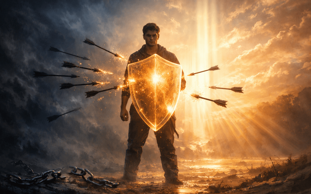 man holding a shield with arrows flying toward him