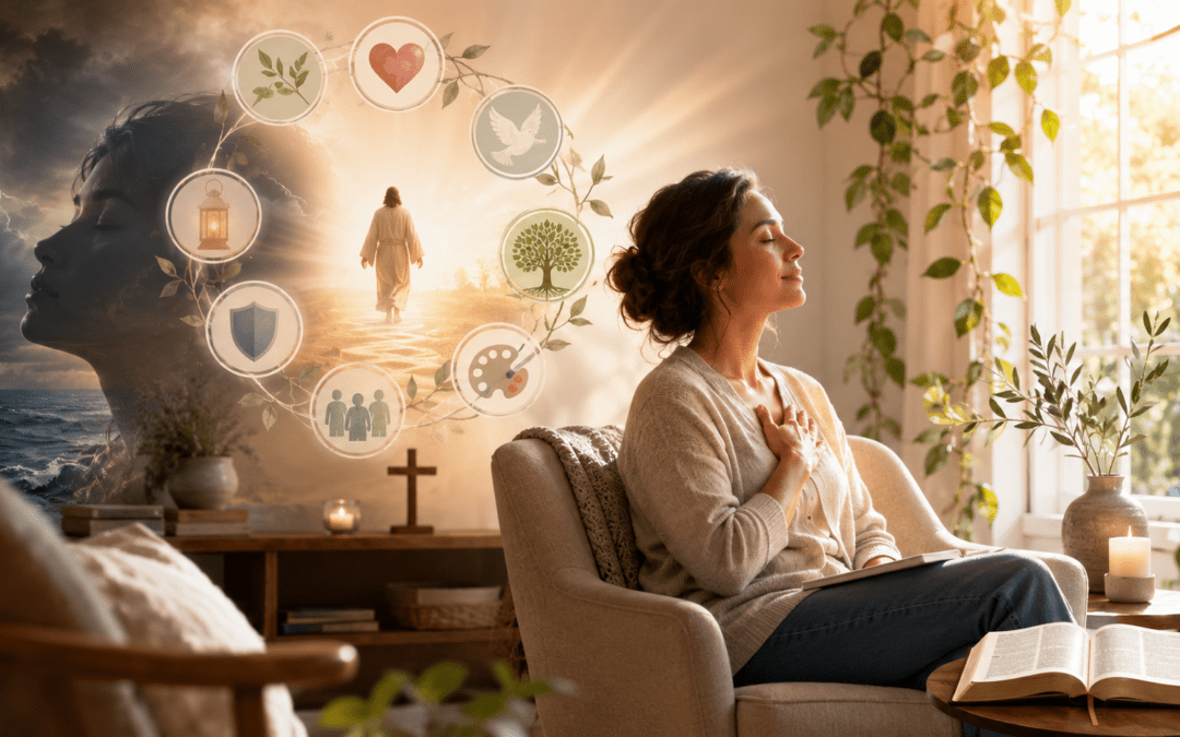 Woman sitting in a chair with the 8 C's surrounding her.