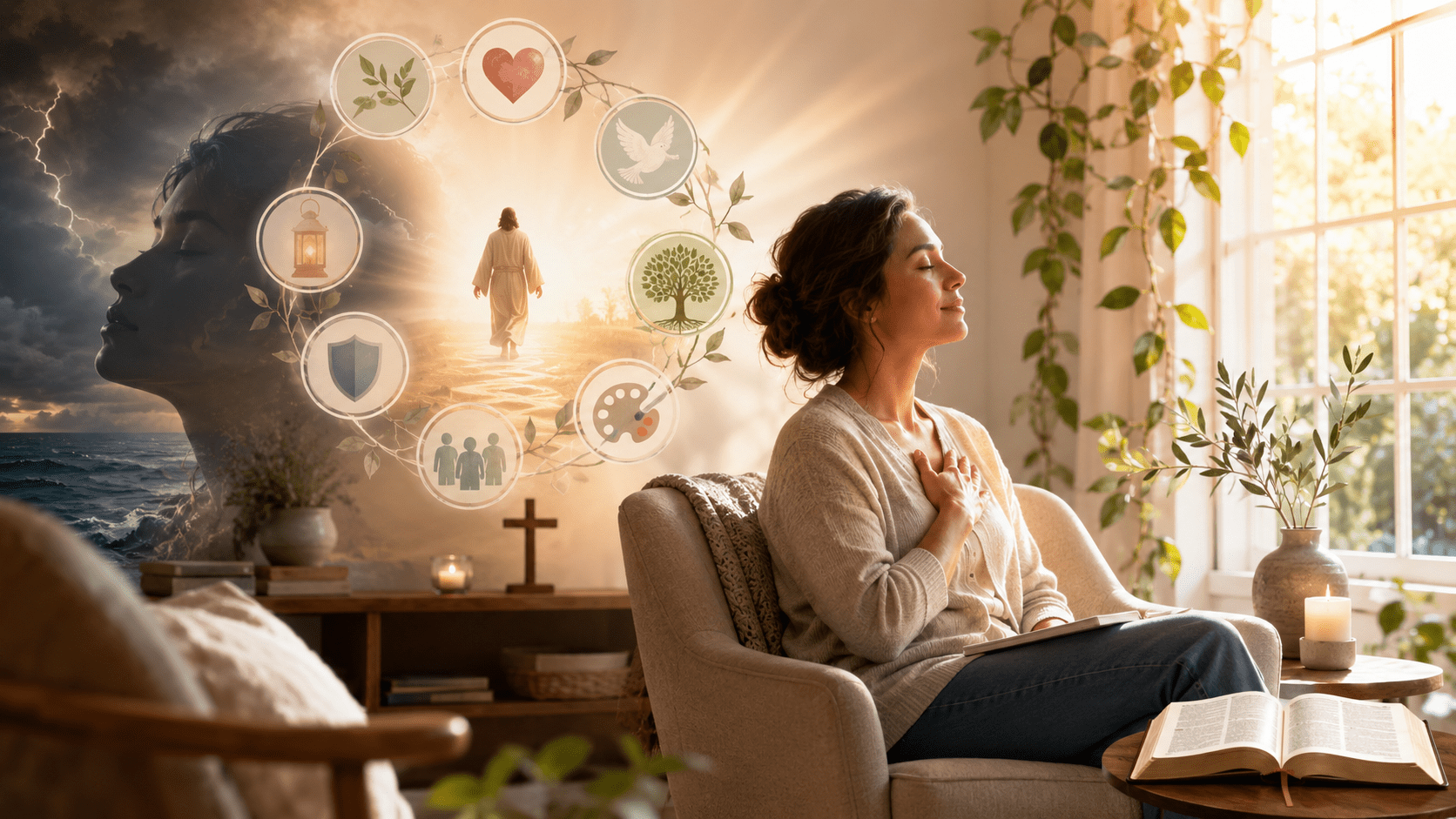 Woman sitting in a chair with the 8 C's surrounding her.